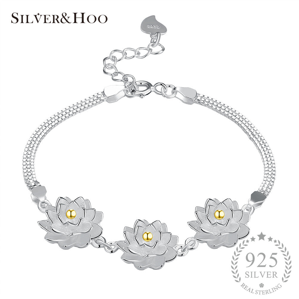 Genuine 925 Sterling Silver Lotus Flower Bracelets for Women Girls Birthd Gift Elegant Fine Jewelry Adjustable