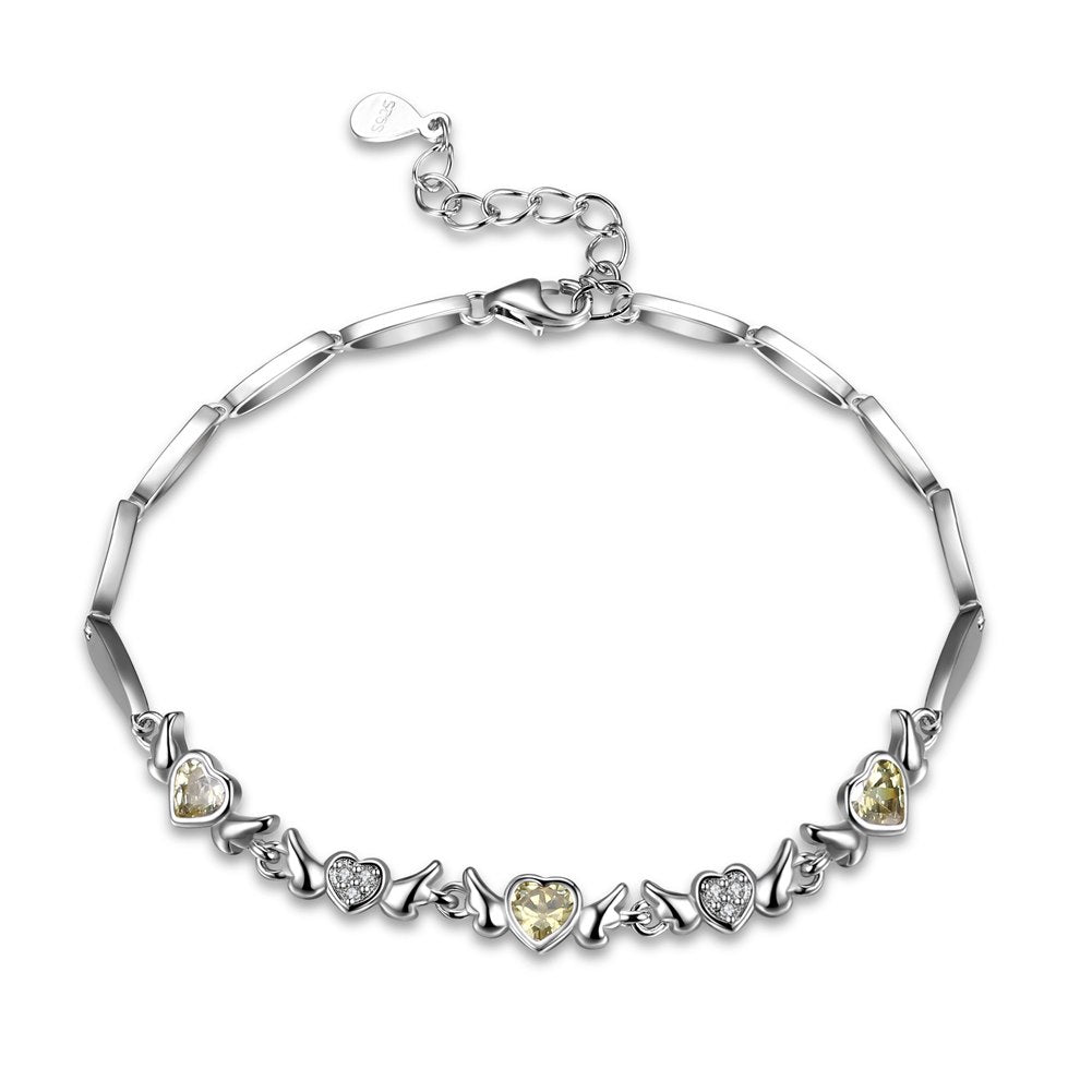 Pink Heart Cubic Zircon CZ Green Crystal Bracelet & Bangle Wings Chain Romantic Jewelry Lady Women 925 Sterling Silver