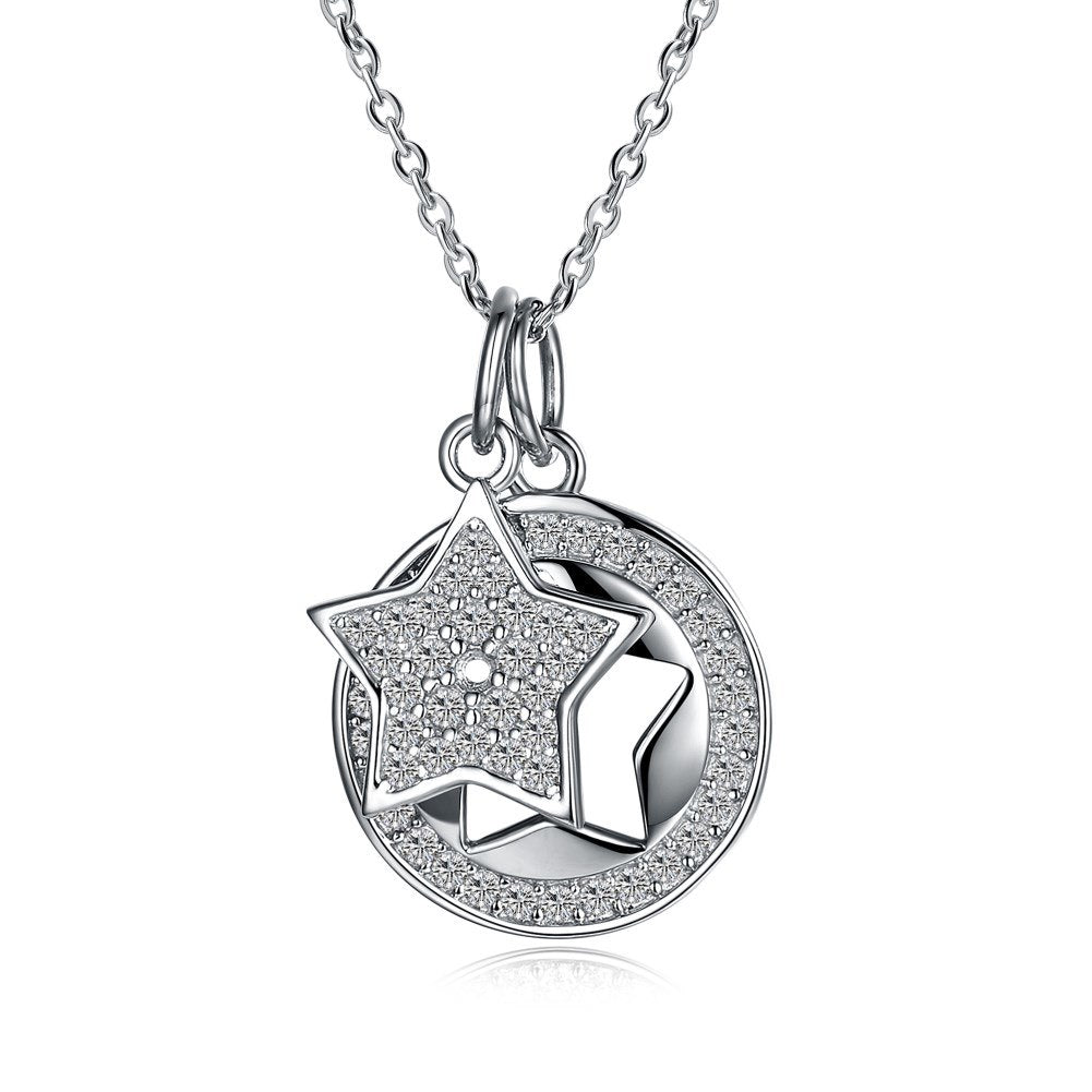 Women Sterling Silver Necklace Round Pendant Necklace with Star Fold and Romantic Heart Shape Pendant Necklaces