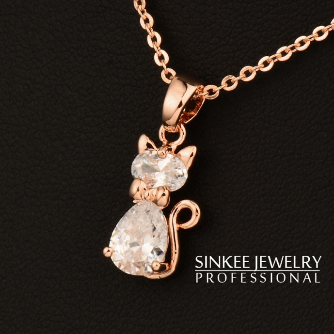 Charm White Cubic Zircon Cat Animal Pendant Necklace For Women Rose Gold Color Chain Jewelry Gifts Xl534