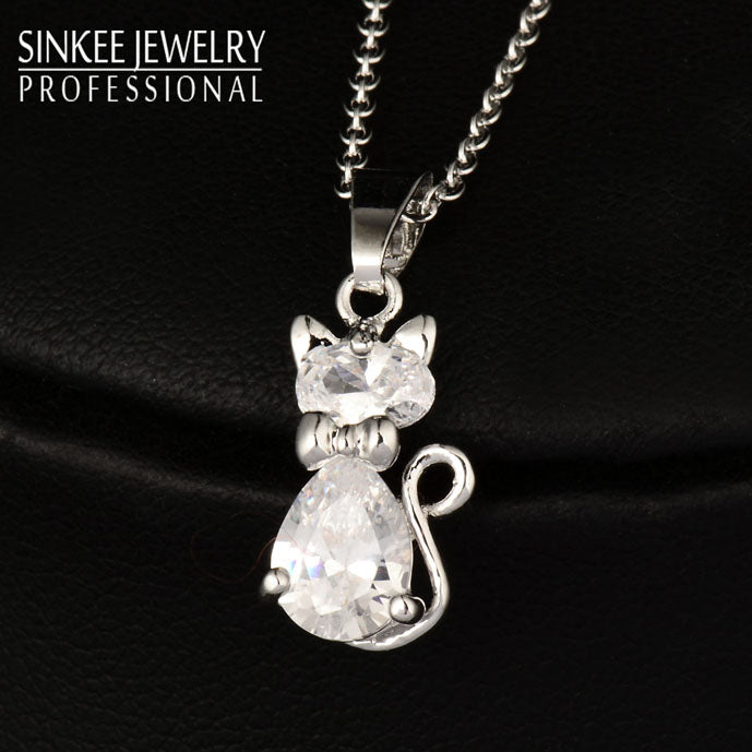 Charm White Cubic Zircon Cat Animal Pendant Necklace For Women Rose Gold Color Chain Jewelry Gifts Xl534