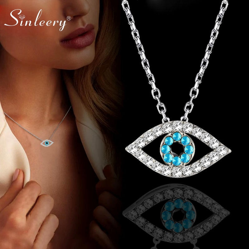 SINLEERY Charm Luck Turkey Blue Evil Eye Blue Rhinestone Eye Choker Necklace For Women Silver Color XL656 SSG