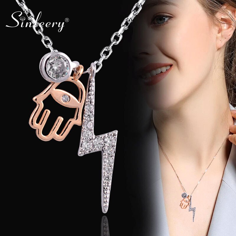 SINLEERY Crystal Lightning Fatima Hand Pendants and necklaces Rose Gold Silver Color Choker For Women Jewelry ZD1 SSP
