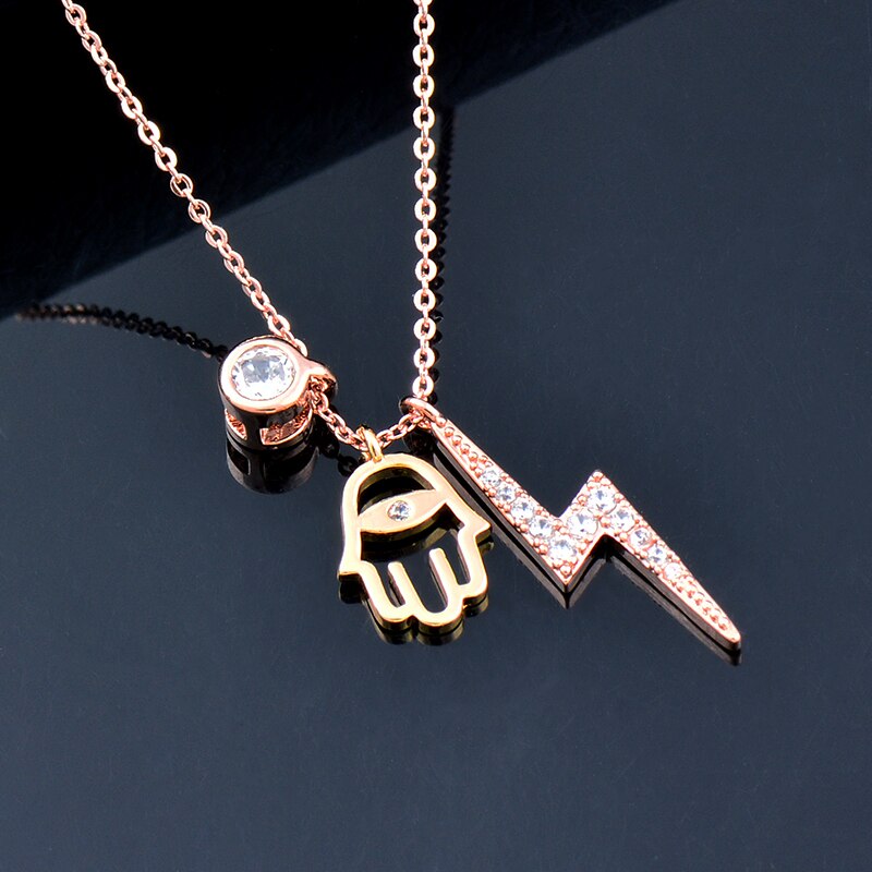 SINLEERY Crystal Lightning Fatima Hand Pendants and necklaces Rose Gold Silver Color Choker For Women Jewelry ZD1 SSP