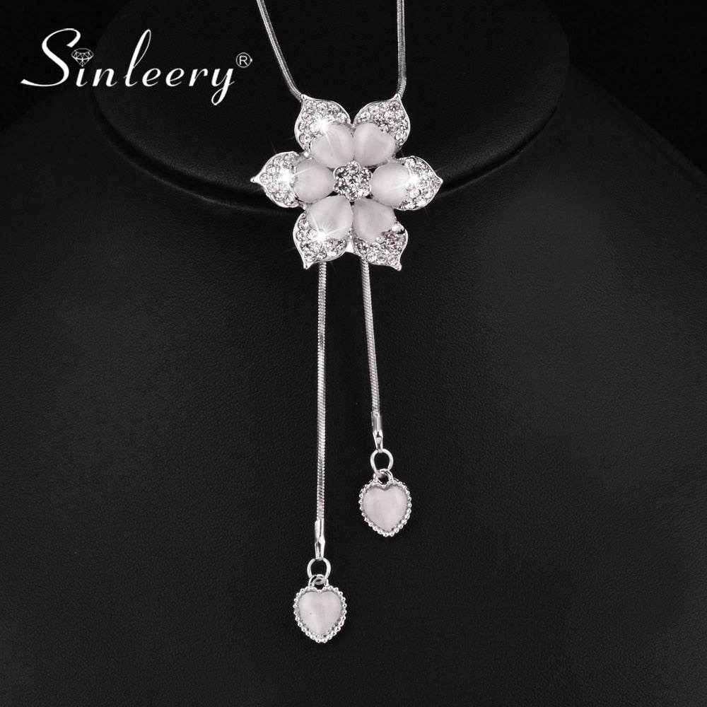 Fashion White Opal Rhinestone Flower Necklace Pendant Adjusted Silver Color Long Chain For Women Accessories MY046 SSL