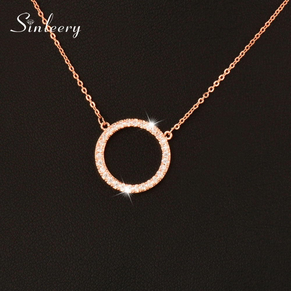 Shiny Paved Tiny Crysral Circle Round Necklaces & Pendants Silver/Rose Gold Color Chain Jewelry For Women XL089 SSB
