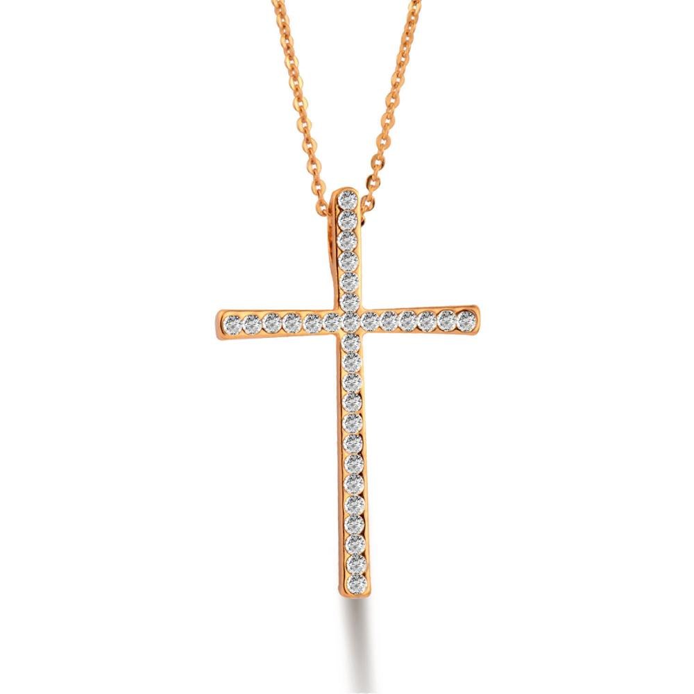Silver Color Rhinestone Cross Pendant Necklace Chain For Women And Girl Xl402