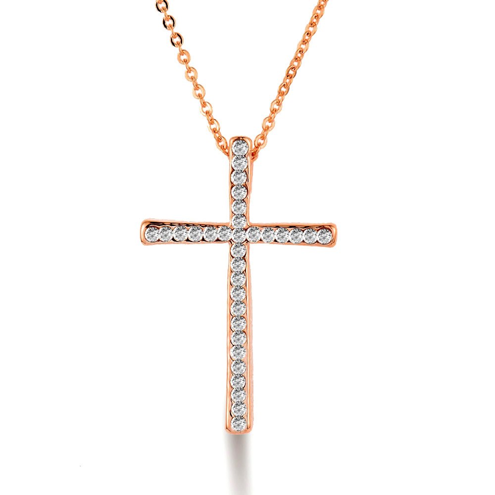 Silver Color Rhinestone Cross Pendant Necklace Chain For Women And Girl Xl402