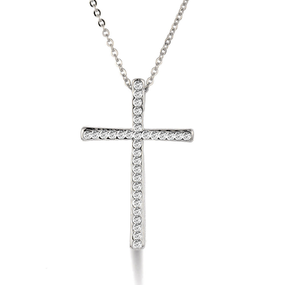 Silver Color Rhinestone Cross Pendant Necklace Chain For Women And Girl Xl402