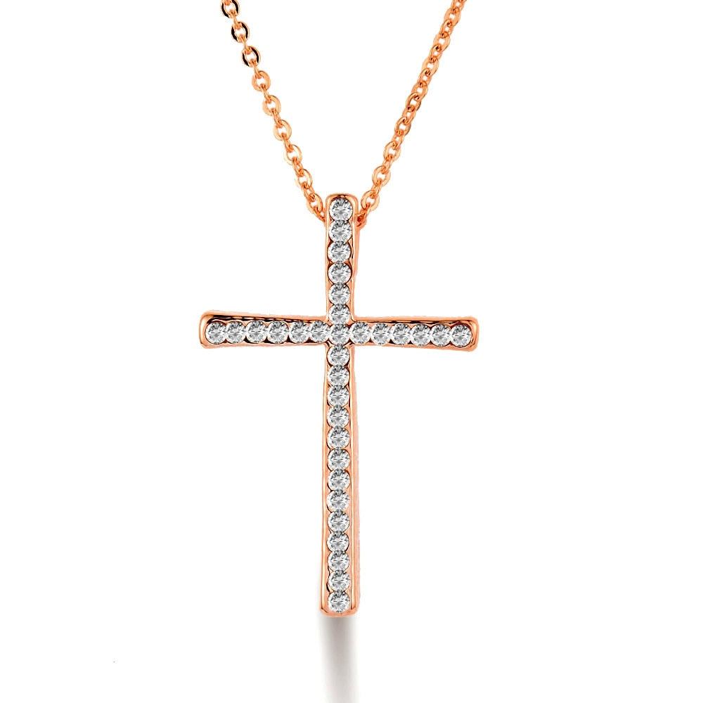 Silver Color Rhinestone Cross Pendant Necklace Chain For Women And Girl Xl402