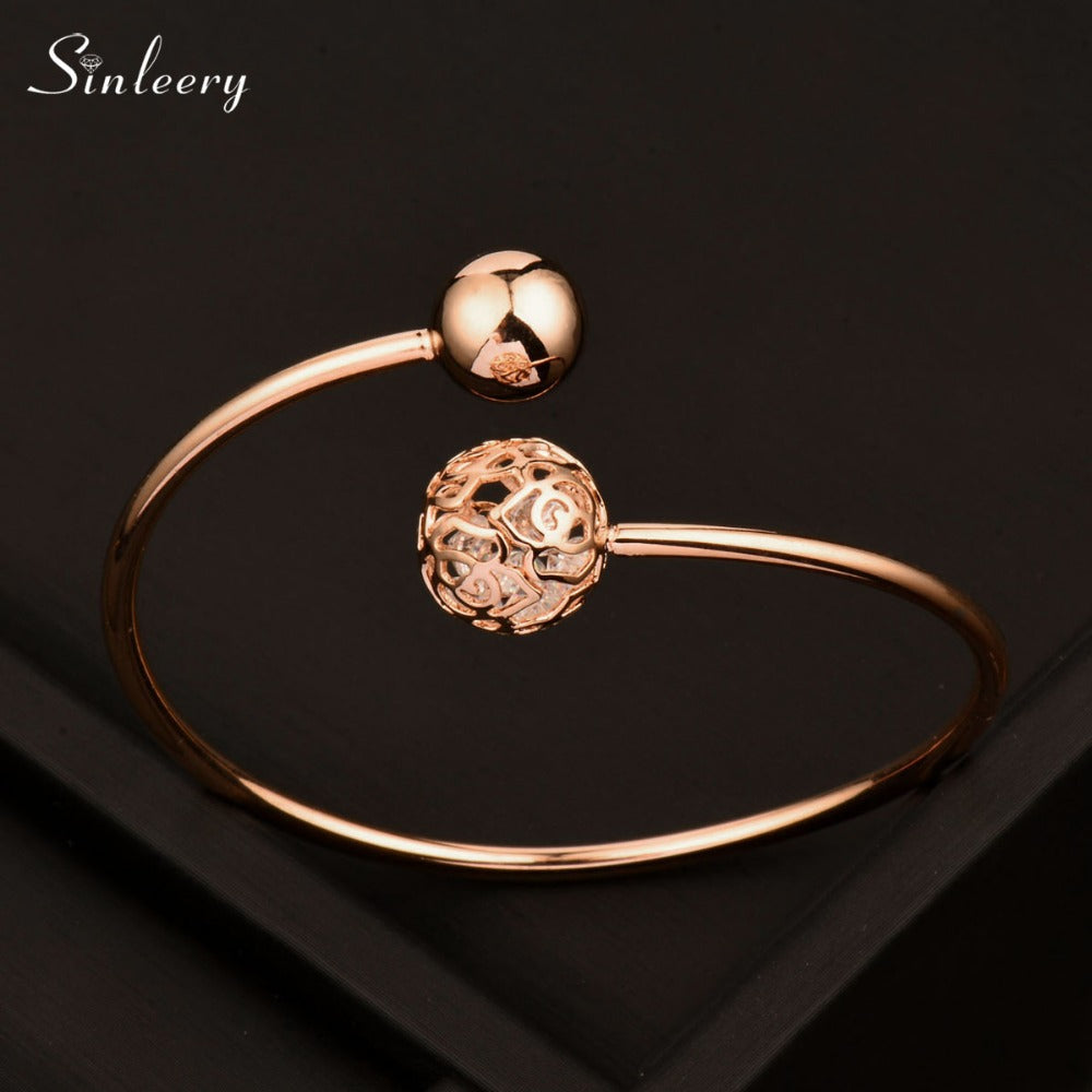 Simple Zirconia Inside Hollow Flower Ball Bangles Cuff Bracelet Rose Gold Color Charm Jewelry For Women Sl408 SSD