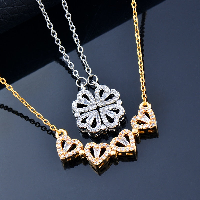 SINLEERY Unusual magnet absorb together 4 crystal heart flower pendant stainless steel necklace gold silver color chain XL333 SK
