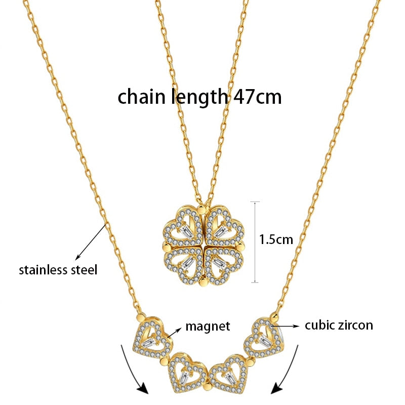 SINLEERY Unusual magnet absorb together 4 crystal heart flower pendant stainless steel necklace gold silver color chain XL333 SK