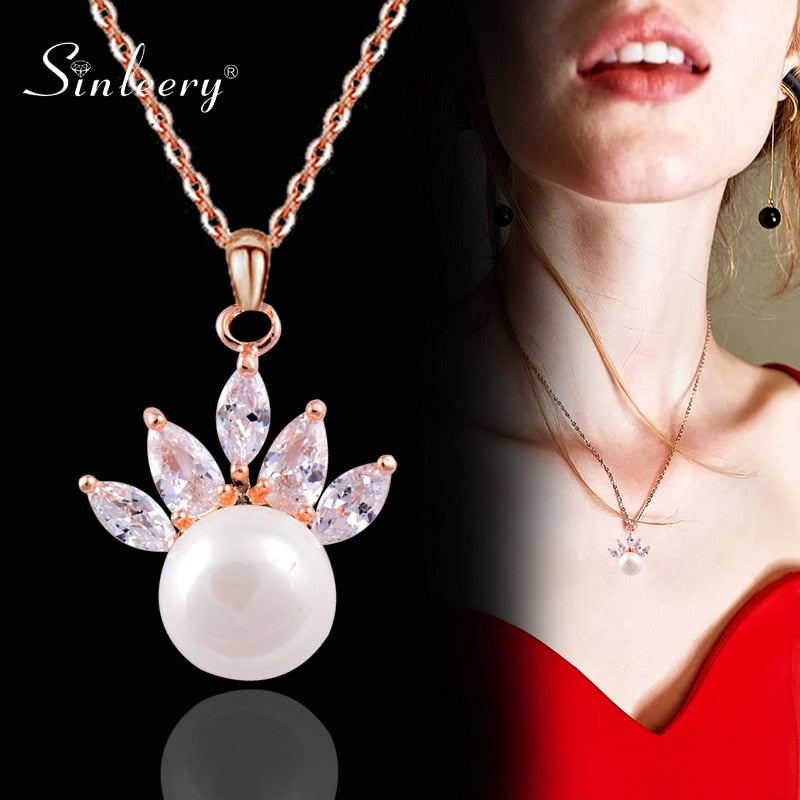 SINLEERY korean Round Ball Pearl Necklace For Women Rose Gold Silver Color Chian Zirconia Pendant accessories ZD1 SSP