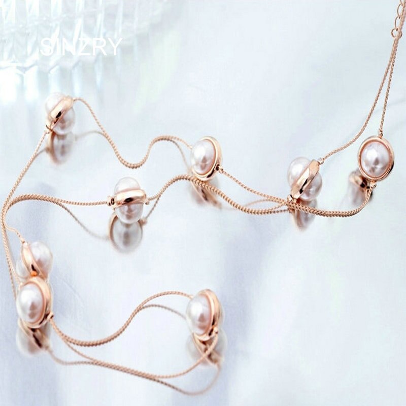 SINZRY Brand Long Jewelry Rose gold color Simulated pearl long Necklaces women Elegant winter sweater pearl jewelry necklace