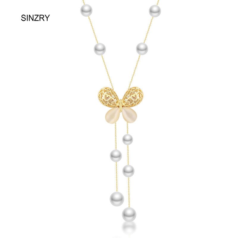 Classic design crystal butterfly Simulated pearl long necklaces fashion sweater elegant jewelry accessory