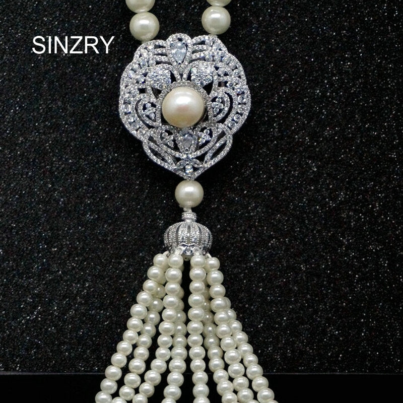 Luxury jewelry AAA cubic zircon micro paved White color vintage palace simulated pearl tassel long necklaces for women