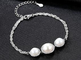 NEW 925 Sterling Silver ethnic micro paved zirconia natural pearl charm Bracelets Lady silver elegant fine jewelry