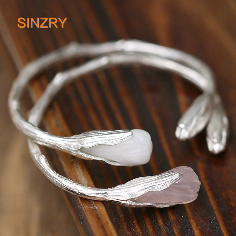 Original design Sterling Silver ethnic national crystal tulip Open Cuff Bracelets & Bangles Lady Sterling silver jewelry