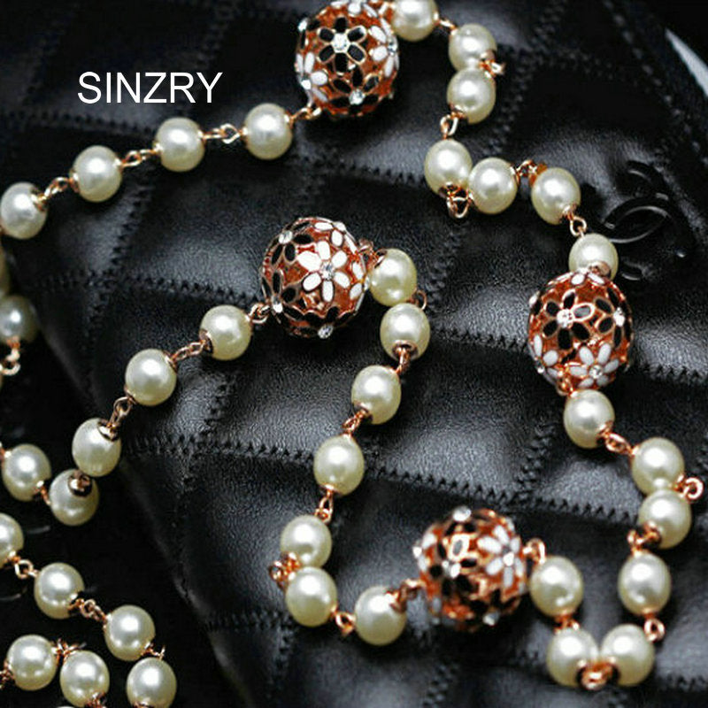Personality Cubic zircon daisy flower ball simulated pearl long necklace women sweater winter jewelry necklaces