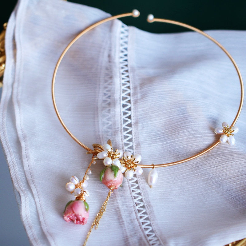 SINZRY hothandmade real rose flower natural pearl tasel bridal necklace band personaltiy party jewelry