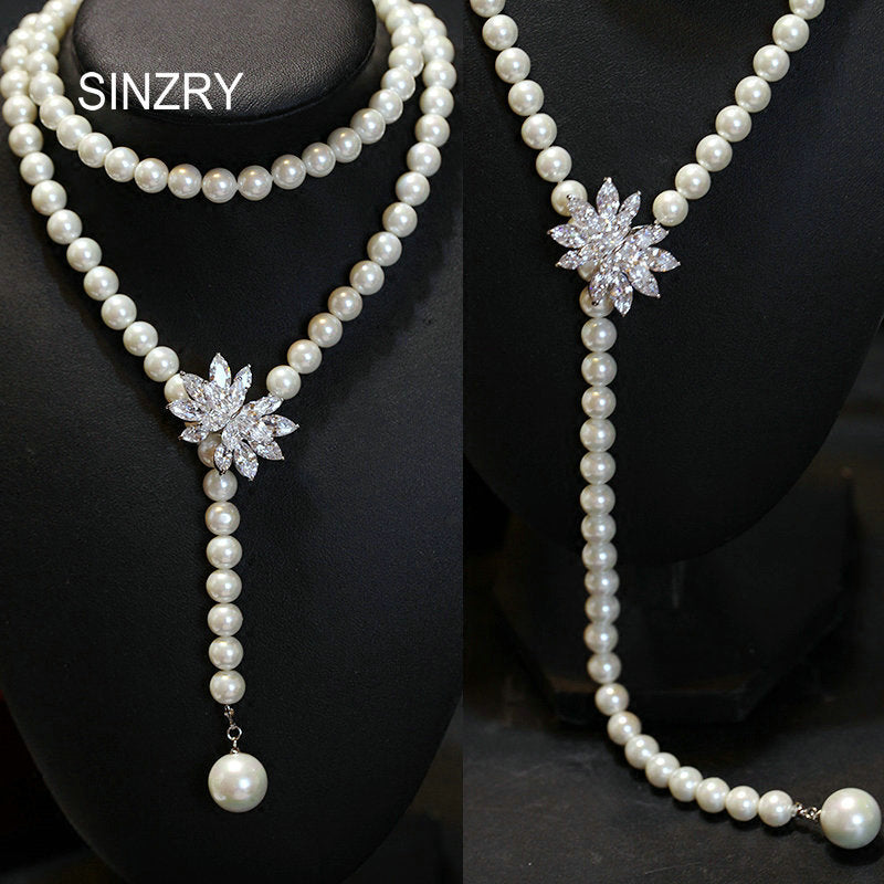 luxury jewelry AAA dazzling cubic zircon flower long sweater chain necklaces dressing Party shell pearl necklace jewelry
