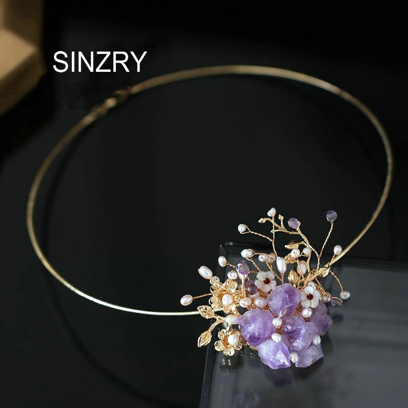 SINZRY handmade natural crystal stone pearl flower necklace band creative summer jewelry