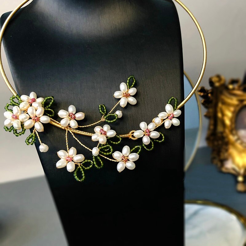 SINZRY personality design handmade real natural pearl flower vintage necklace band original jewelry