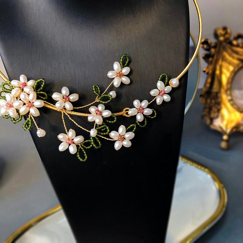 SINZRY personality design handmade real natural pearl flower vintage necklace band original jewelry