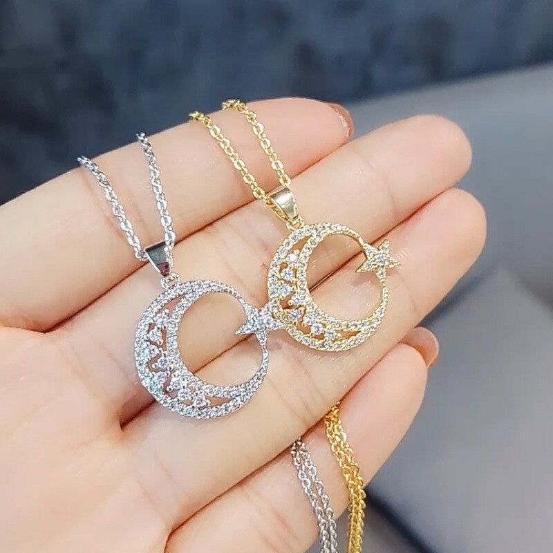 SIPENGJEL Gold Silver Color Moon Star Pendant Necklace Crescent Clavicle Chain Choker Necklace For Women Jewelry 2021