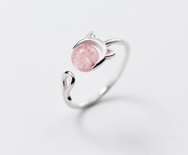 SIZE4.5-SIZE6 100% Authentic REAL.925 Sterling Silver Fine Jewelry Rose Strawberry Quartz Stone Kitten Cat Ring GTLJ1428