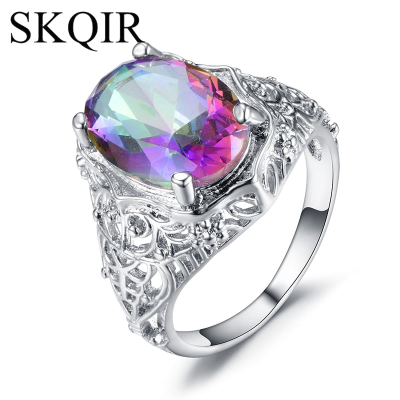 New Design Large Round Vintage Rainbow Zircon Rings for Women Men Colorful Stone Wedding Jewelry Silver Plated Ring