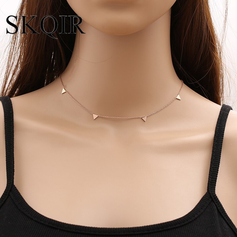 SKQIR Retro Choker Necklace Gold Color Chain Stainless Steel Triangle Link Chain Necklace Femme Gift For Friends