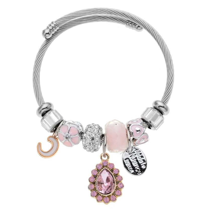 Women Silver Color Stainless Steel Enamel Water Drop Rhinestones Bead Charms Bracelets Wire Chain Cuff Bangles Jewelry