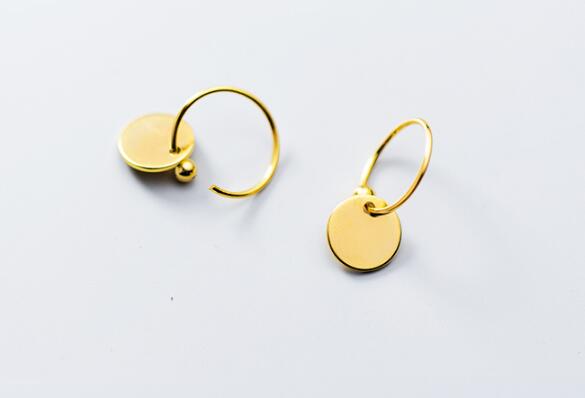 SMALL 1PAIR 8mm Authentic Real 100% 925 Sterling Silver fine Jewelry Golden Round Coin &Circle dangle Earrings GTLE2367