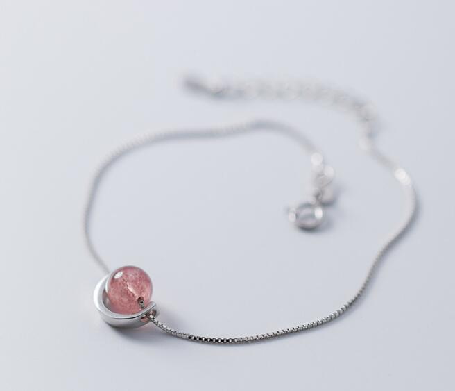 SMALL 6.5MM 100% Real. 925 Sterling Silver Fine Jewelry Natural Strawberry Quartz Stone chain Bracelet LS762