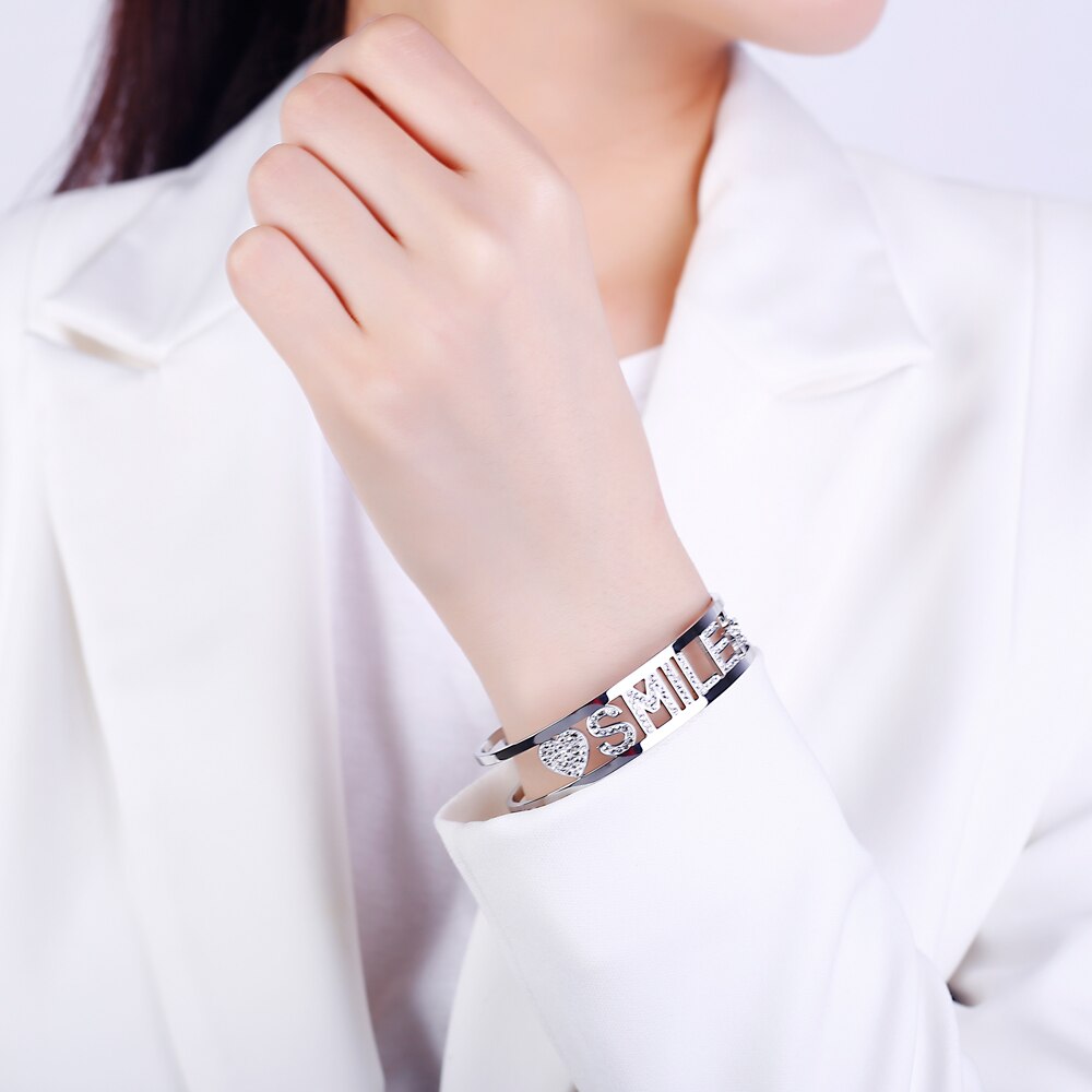 SMILE Letter Stainless steel Bangle Silvery Open Cuff Bracelet Colorful Crystal Star Heart Women's Bangles Simple Trendy Jewelry