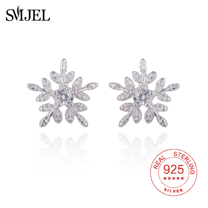 SMJE 100% 925 Sterling Silver Cz Snowflake Earrings for Women Winter Christmas Jewelry Gifts Flower Stud Earrings
