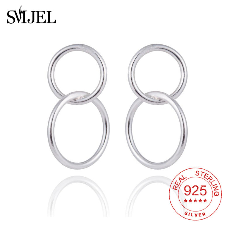 SMJE 100% 925 Sterling Silver Double Circle Earrings for Women Round Statement Ear Studs Gifts Sterling-silver-jewelry