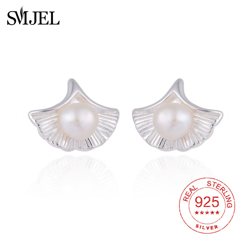 SMJE Real 925 Sterling Silver Flower Pearl Earrings Fashion Jewelry Vintage Ginkgo Leaf Stud Earrings for Women brincos