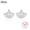 SMJE Real 925 Sterling Silver Flower Pearl Earrings Fashion Jewelry Vintage Ginkgo Leaf Stud Earrings for Women brincos