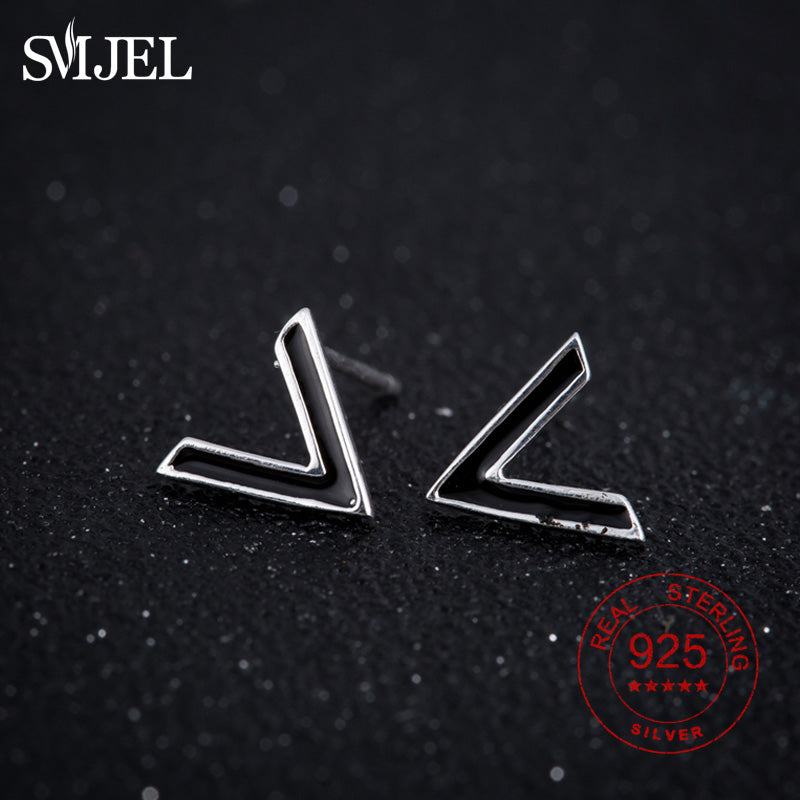 SMJE Solid 925 Sterling Silver Trend Black Earrings Oorbellen Simple Wind Letter V Shape Stud Earrings For Women