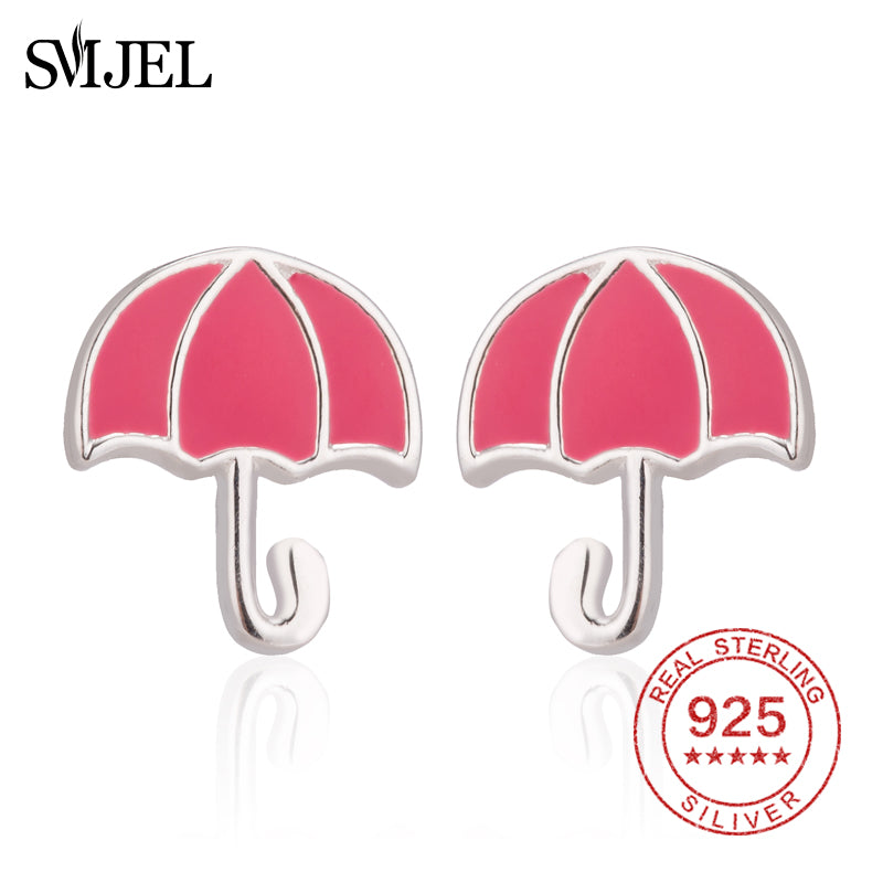 100% 925 Sterling Cute Umbrella Earrings for Women Fashion Girls Jewelry Silver Pink Geometric Stud Earing aretes de mujer