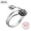 100% 925 Sterling Silver Black Lotus Flower Rings for Women Anel boho Spiral Rings Silver boho Jewelry bague femme argent