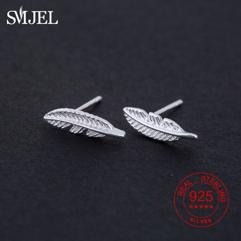 100% 925 Sterling Silver Bohemia Small Tiny Feather Stud Earrings for Women Silver Leaf Earring oorbellen Wedding Gift
