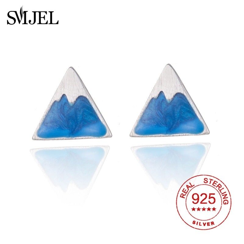 100% 925 Sterling Silver Earrings Snow Mountain Stud Earring for Women Blue Color Wave Enamel Earrings Jewelry Gifts