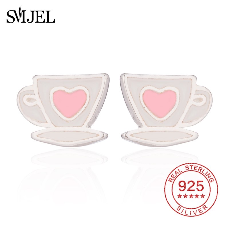 100% 925 Sterling Silver Earrings White Red Heart Cute Coffee Cup Stud Earrings For Women Lady Girls Brincos