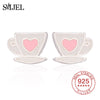 100% 925 Sterling Silver Earrings White Red Heart Cute Coffee Cup Stud Earrings For Women Lady Girls Brincos