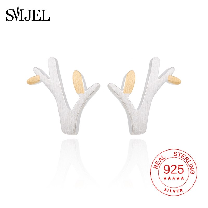 100% 925 Sterling Silver Elk Deer Antler Stud Earrings for Women Fashion Sterling Silver Tree Ear Jewelry Gifts