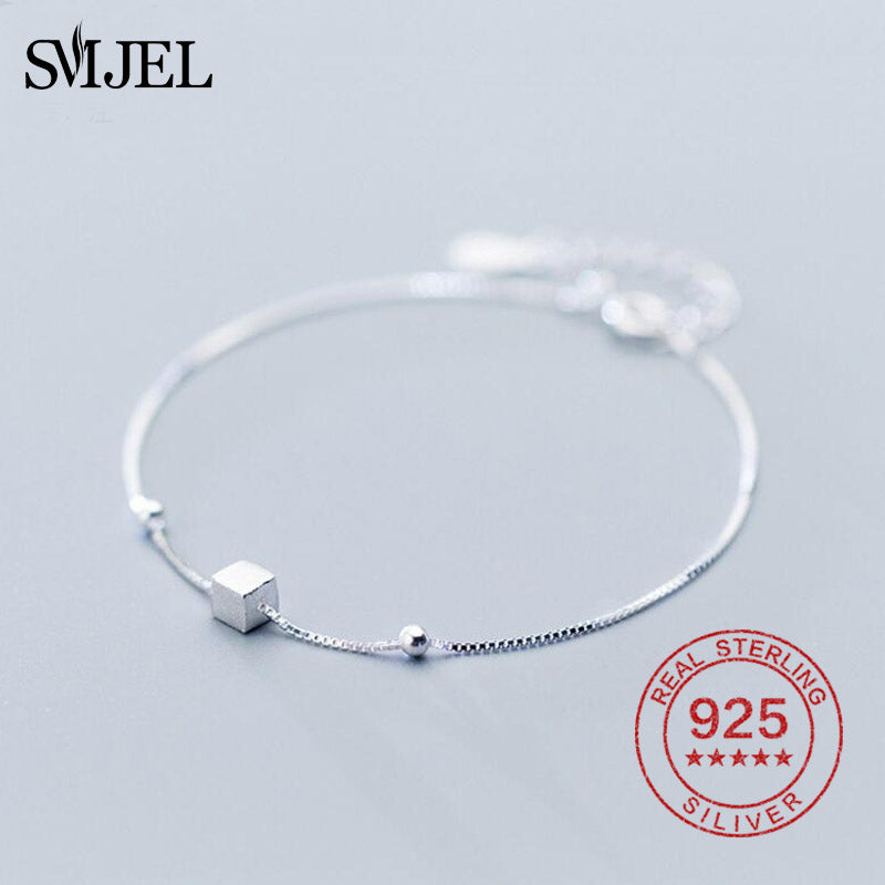 100% 925 Sterling Silver Jewelry Tiny Cubic Square Bangles Women Bracelets Fashion Simple Geometric Cuff Bracelets